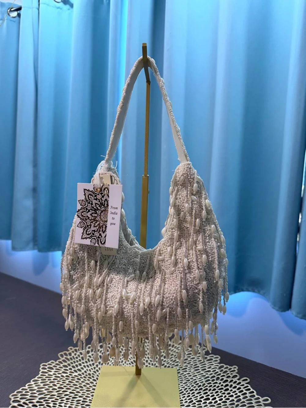 From India To You NWT Hand-Beaded Cowrie Shell Fringe Shoulder Bag Boho Coastal